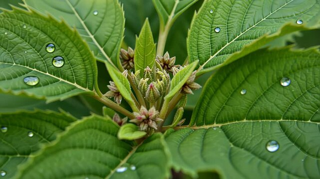  Close-up of green leafy plant with water droplets in a garden