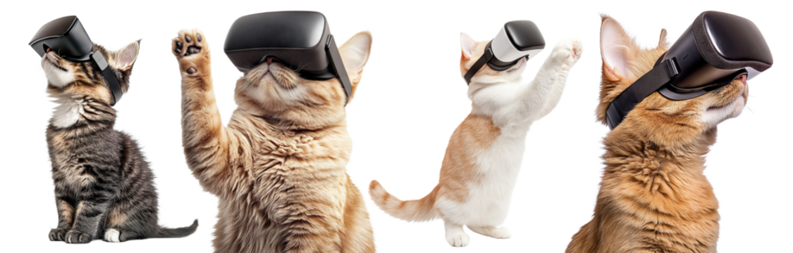 Set of curious tabby cats with virtual reality headsets, isolated on transparent cutout background