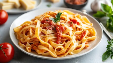 A plate of delicious pasta elegantly presented on a gray table, enhanced by natural light, highlighting its rich textures and flavors.