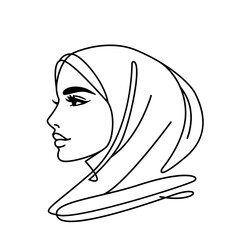 Beautiful Muslim girl in hijab or headscarf. linear illustration on white background.
