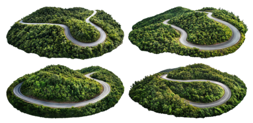 Set of winding asphalt roads cutting through dense green forests, isolated on transparent cutout background