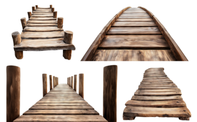 Set of rustic wooden walkways in various perspectives, isolated on transparent cutout background