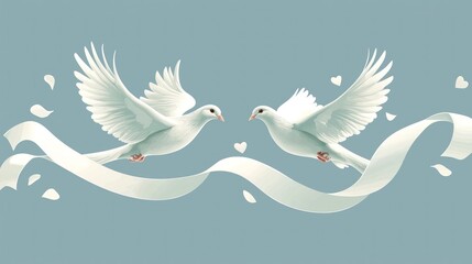 Obraz premium Two white doves flying with a decorative flowing ribbon