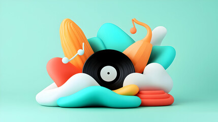 Obraz premium Abstract Music Podcast Design with Vinyl Record and Colorful 3D Shapes