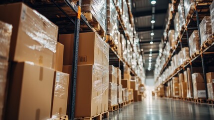 Automated packaging machines sealing boxes in a logistics warehouse.