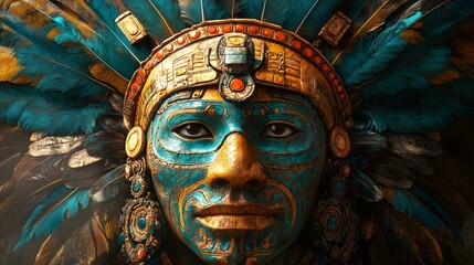 Obraz premium Rendering of an ancient Mayan mask showcasing intricate designs and vibrant colors with feathers, capturing the spirit of Mayan culture