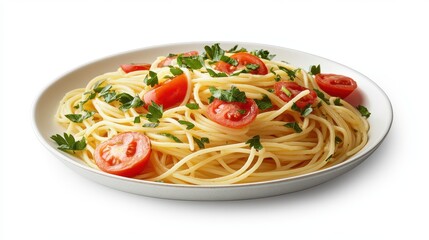 A plate of spaghetti pasta adorned with fresh tomatoes and parsley is displayed against a clean white background.