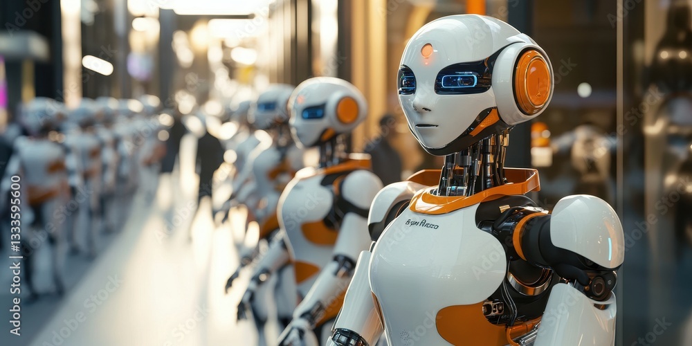 Poster robotic workforce march: an army of futuristic robots marches forward, symbolizing innovation, techn