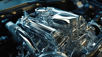 Fototapeta premium A powerful and luxurious chrome car engine gleams in a workshop setting, highlighting its intricate details and polished finish.