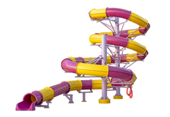 Yellow purple Water Slide Amusement Park. Aquapark pipe. Water park aquapark slide spiral pipeline tunel