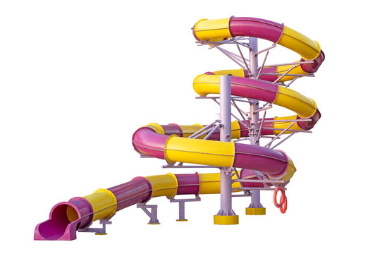 Yellow purple Water Slide Amusement Park. Aquapark pipe. Water park aquapark slide spiral pipeline tunel