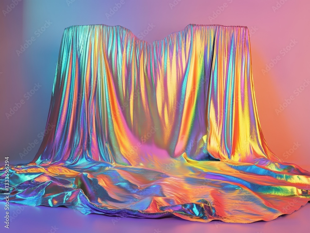 Poster radiant reflections: vibrant iridescent fabric artfully draped over pedestals. light and shadow play