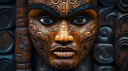 Naklejka premium Intricate close-up of a Maori carving with detailed facial features showcasing cultural craftsmanship