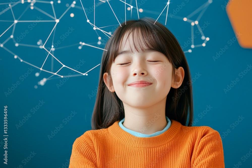 Poster smiling young girl in orange sweater with abstract digital network above head symbolizing artificial