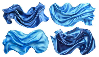 Set of elegant blue silk fabrics draped in folds, isolated on transparent cutout background