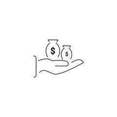 Single revenue icon, outline vector sign, linear style pictogram isolated on white. with hand and dollar elements. Editable stroke