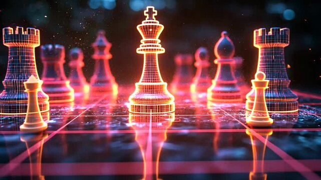 Digital chess king, strategic game, futuristic board, potential victory