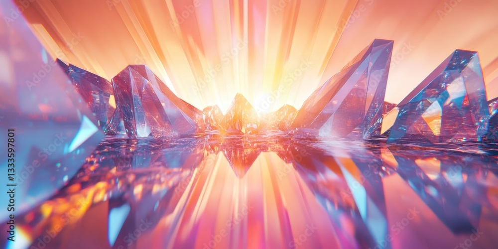 Poster crystal peaks: a mesmerizing artistic display of iridescent crystal structures bathed in a warm, eth