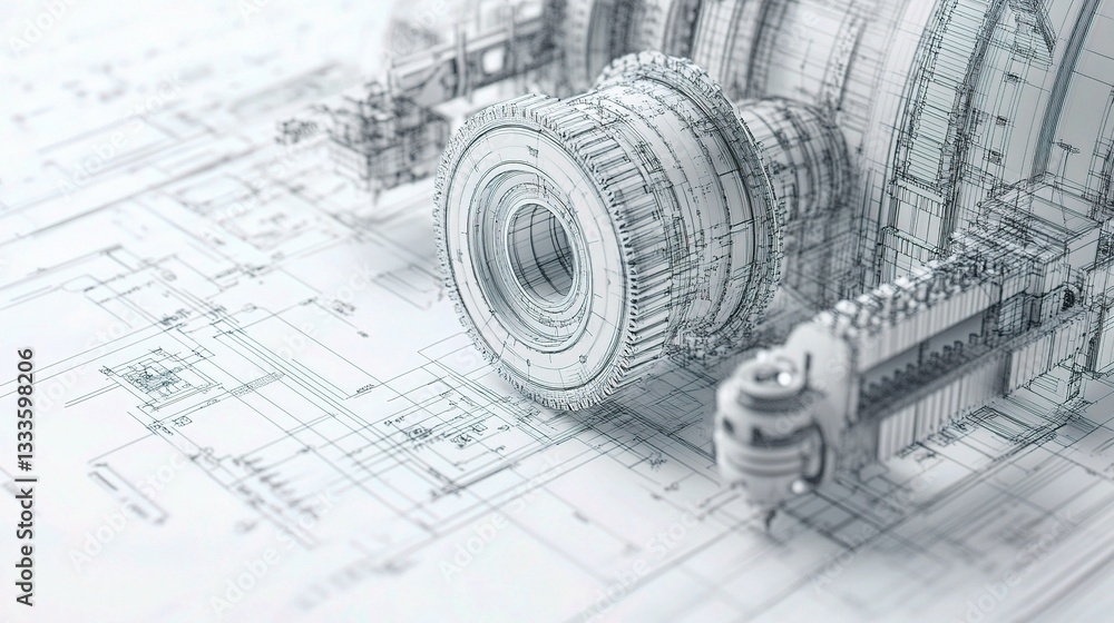 Poster detailed mechanical engineering blueprint with technical components