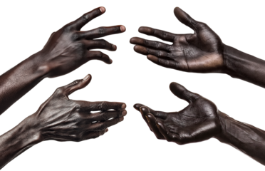 Set of African American hands in various gestures, isolated on transparent cutout background