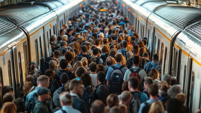 A packed train with commuters heading home after work.