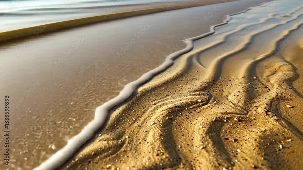 Poster Serene Beach Scene with Gentle Waves and Golden Sand Capturing Tranquil Beauty of Ocean Shoreline Patterns and Textures in Mesmerizing Display of Natures Calm and Relaxation