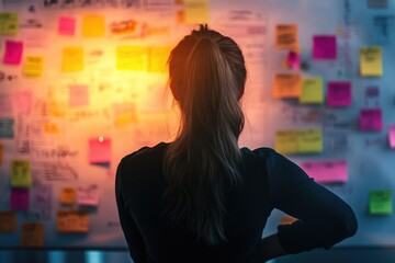 Woman reviewing colorful sticky notes on a whiteboard, planning or brainstorming.