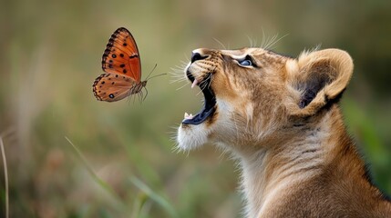 Lion Cub's Curiosity: A young lion cub, exuding curiosity, gazes with playful interest at a fluttering butterfly, capturing the essence of untamed nature.