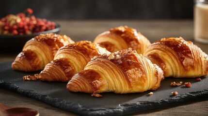 A selection of warm, golden croissants from a bakery is showcased, emphasizing the meticulous preparation and expertise involved in creating these pastries.