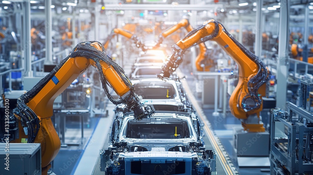 Poster robotic assembly line in automotive factory with precision robotics