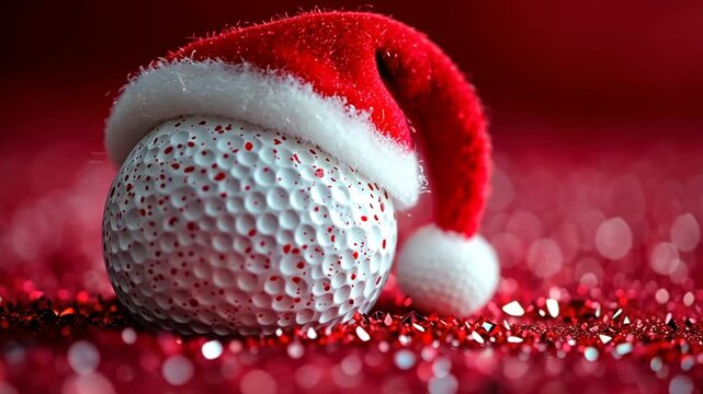 Christmas golf ball on red glitter background. Possible use Holiday card, social media post