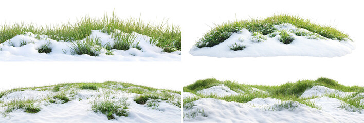 Set of green grass meadows covered with melting snow, isolated on transparent cutout background