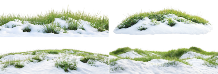 Set of green grass meadows covered with melting snow, isolated on transparent cutout background