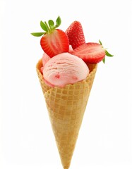 Sweet strawberry ice cream in a waffle cone, topped with fresh strawberries. A perfect summer treat!