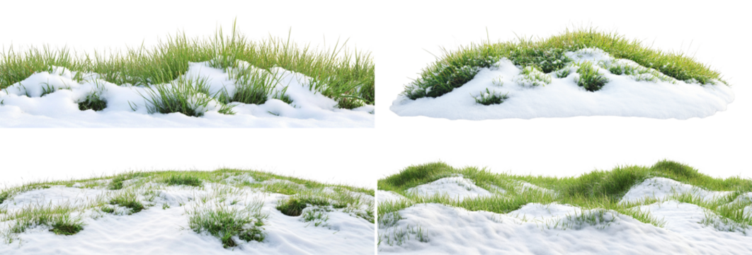 Set of green grass meadows covered with melting snow, isolated on transparent cutout background