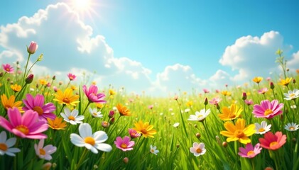 Scenic view of a sunny spring meadow covered in a variety of blooming flowers, landscape, spring