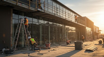 Workers on scaffolding installing glass windows on building