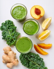 Three glasses of vibrant green smoothie,  fresh ginger, kale, lemon, and peach slices on a white background. Healthy eating concept.