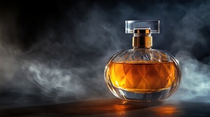 Elegance in a Bottle: A sophisticated perfume bottle, radiating warmth and allure, sits amidst a backdrop of ethereal mist. A symbol of luxury and timeless beauty.