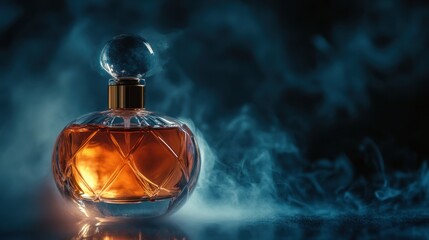 Mystical Essence: A finely crafted perfume bottle, filled with a rich, amber liquid, rests amidst a swirling ethereal mist, evoking luxury and sophistication.