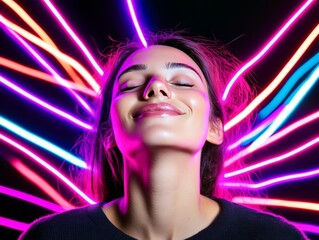 Ecstatic young woman with long flowing hair illuminated by radiant neon streaks of light creating an electrifying and futuristic atmosphere in a high energy digital portrait