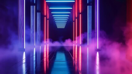 Futuristic neon corridor bathed in vibrant pink and blue light, smoke fills the space, creating a captivating ambiance.  Reflecting light dances on the polished floor