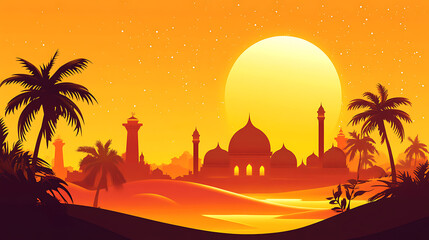 Sunset silhouette of a majestic palace surrounded by palm trees and sand dunes, evoking tranquility
