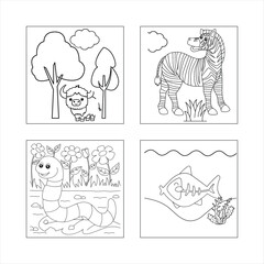 A fun set of cartoon animals for a coloring book featuring an elephant, cat, dog, and more in a simple, outlined style, perfect for children to enjoy with illustrations of holiday themes