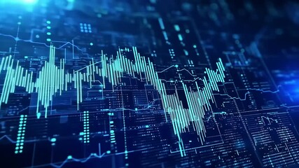 Abstract digital data visualization with fluctuating graphs and blue tones against a tech backdrop - Powered by Adobe