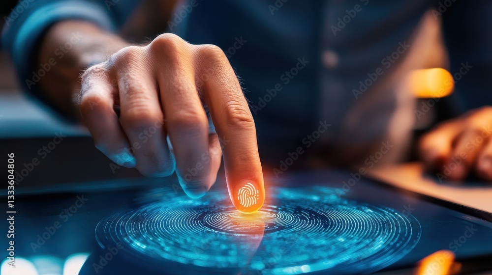 Poster interactive touch: a close-up shot highlights a person's finger interacting with an advanced hologra