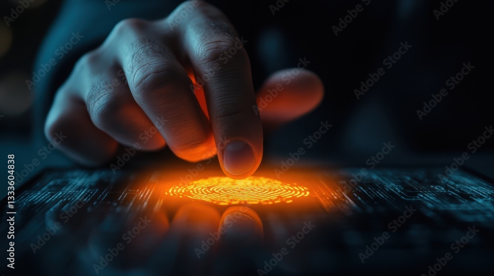 Poster touch of innovation: a hand interacts with an illuminated digital interface, symbolizing futuristic 