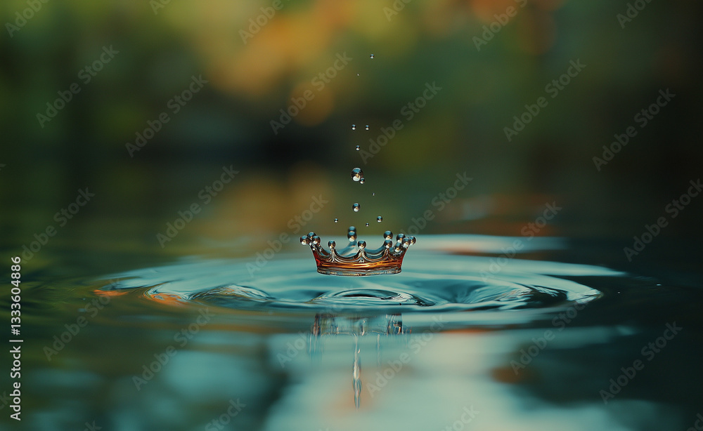 Poster high-speed photography of a water droplet creating ripples with a crown-like reflection – capturing 