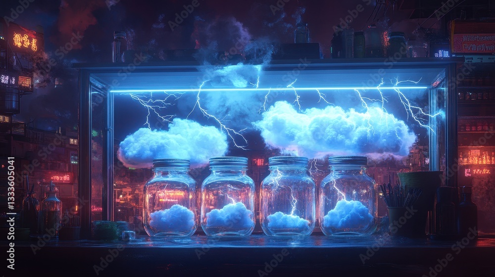 Poster lightning storm in a jar: a captivating scene of artificial storm clouds with bolts of lightning con