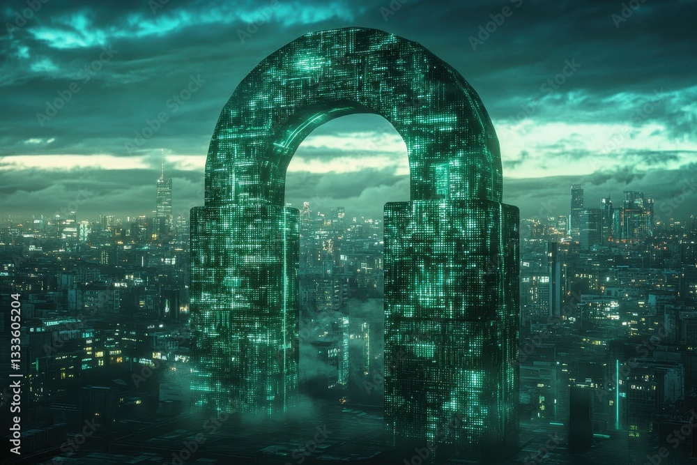 Aufkleber cybernetic city gate: an expansive digital archway composed of intricate circuit patterns looms over